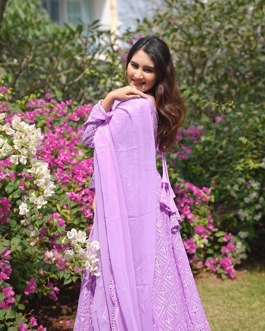 Women's Lavender Faux Georgette Embroidered Anarkali Kurta Pant With Dupatta