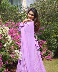 Women's Lavender Faux Georgette Embroidered Anarkali Kurta Pant With Dupatta-MED3-TD-6046-LAVENDER