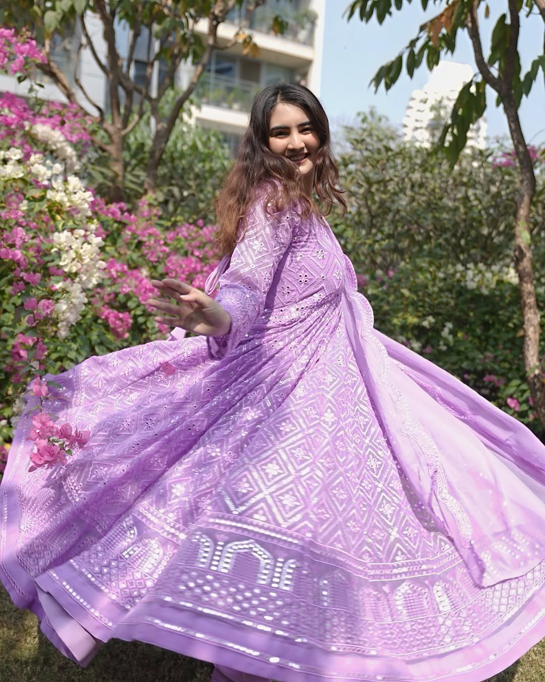 Women's Lavender Faux Georgette Embroidered Anarkali Kurta Pant With Dupatta