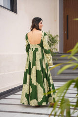 Women's Green Muslin Digital Print Anarkali Gown With Pant-MED3-TD-6047-GREEN
