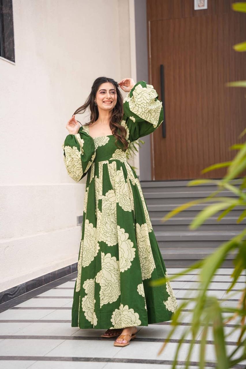 Women's Green Muslin Digital Print Anarkali Gown With Pant