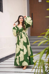 Women's Green Muslin Digital Print Anarkali Gown With Pant-MED3-TD-6047-GREEN