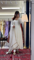 Women's White Faux Georgette Embroidered Anarkali Kurta Pant With Dupatta-MED3-TD-6048-WHITE