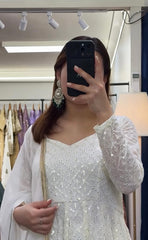 Women's White Faux Georgette Embroidered Anarkali Kurta Pant With Dupatta-MED3-TD-6048-WHITE