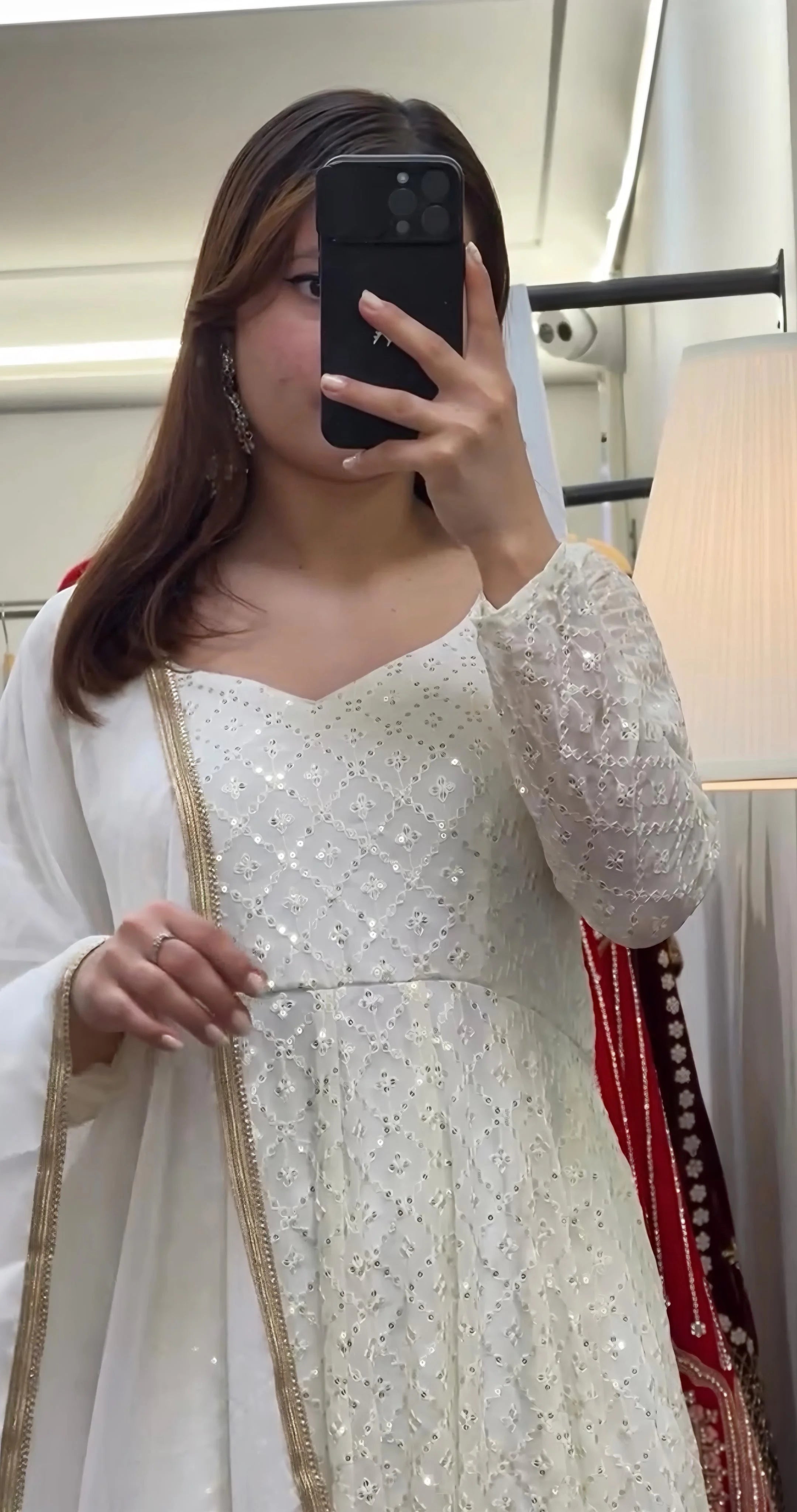 Women's White Faux Georgette Embroidered Anarkali Kurta Pant With Dupatta