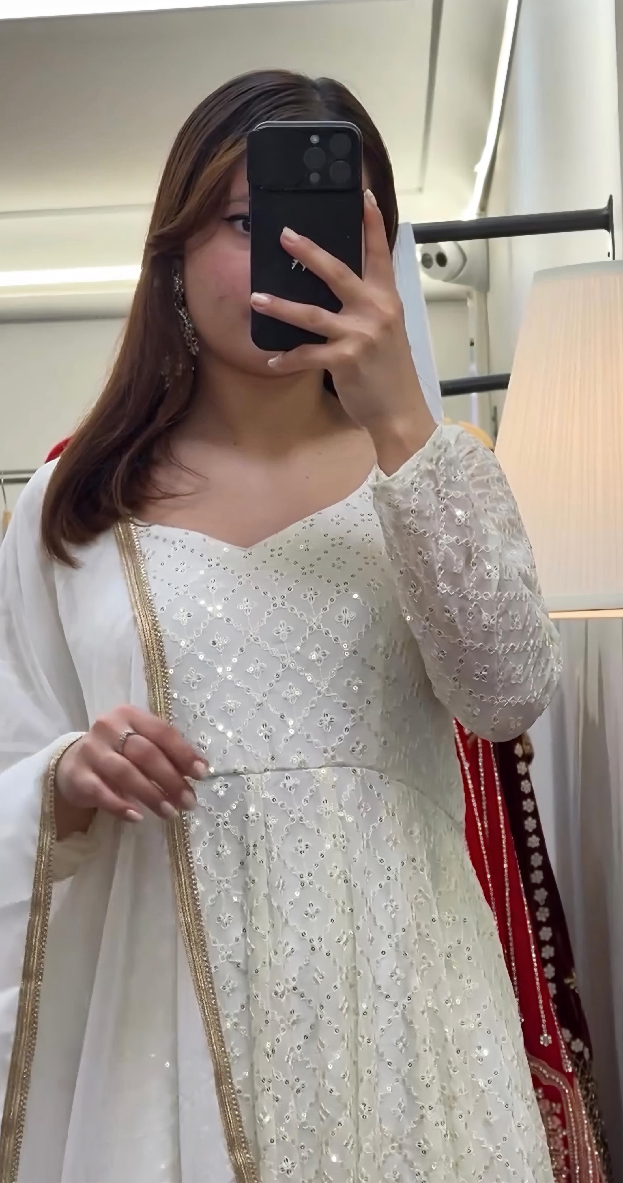 Women's White Faux Georgette Embroidered Anarkali Kurta Pant With Dupatta