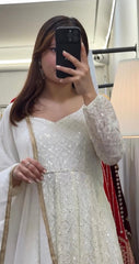 Women's White Faux Georgette Embroidered Anarkali Kurta Pant With Dupatta-MED3-TD-6048-WHITE