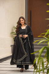 Women's Black Muslin Digital Print Anarkali Kurta Pant With Dupatta-MED3-TD-6049-BLACK