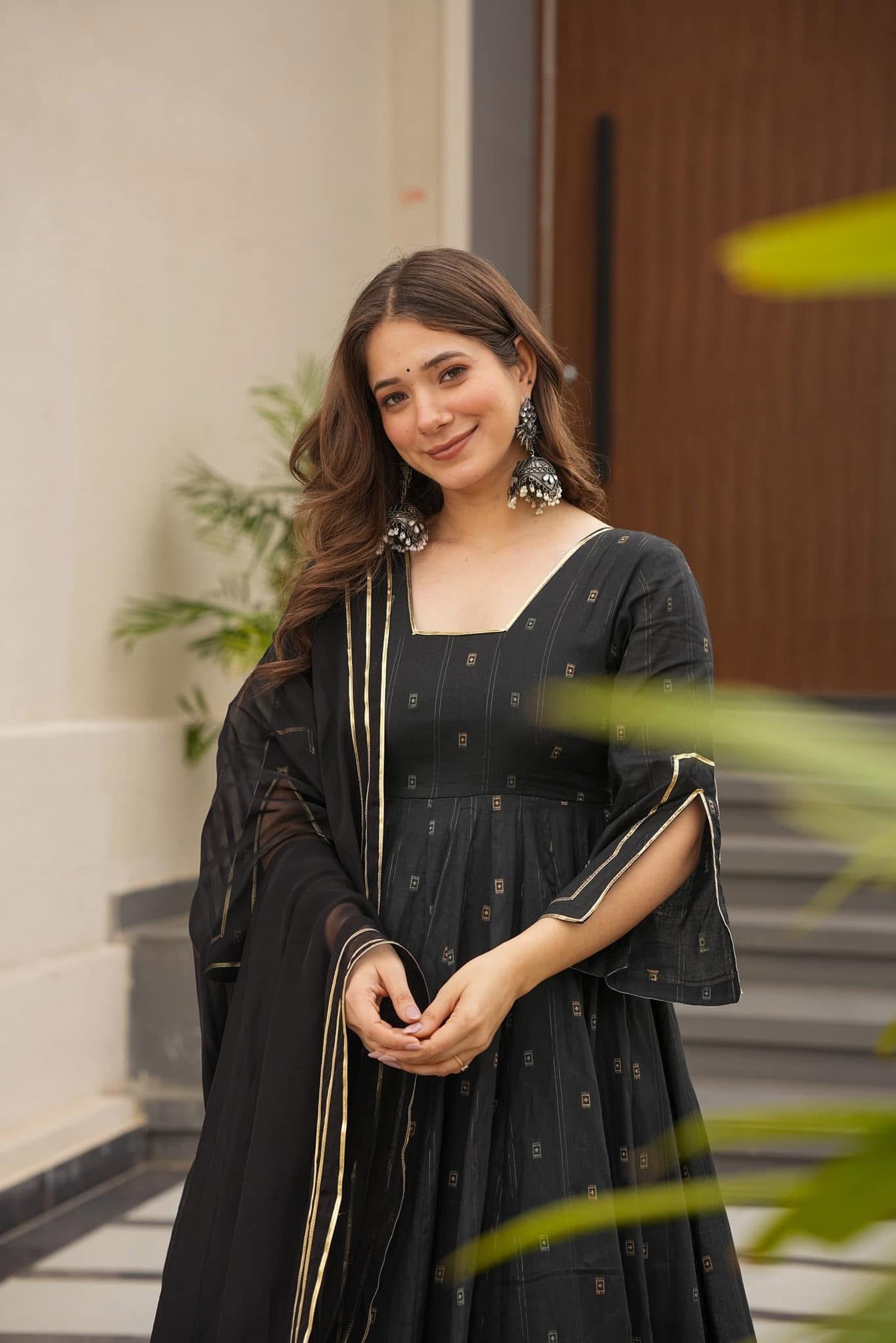 Women's Black Muslin Digital Print Anarkali Kurta Pant With Dupatta