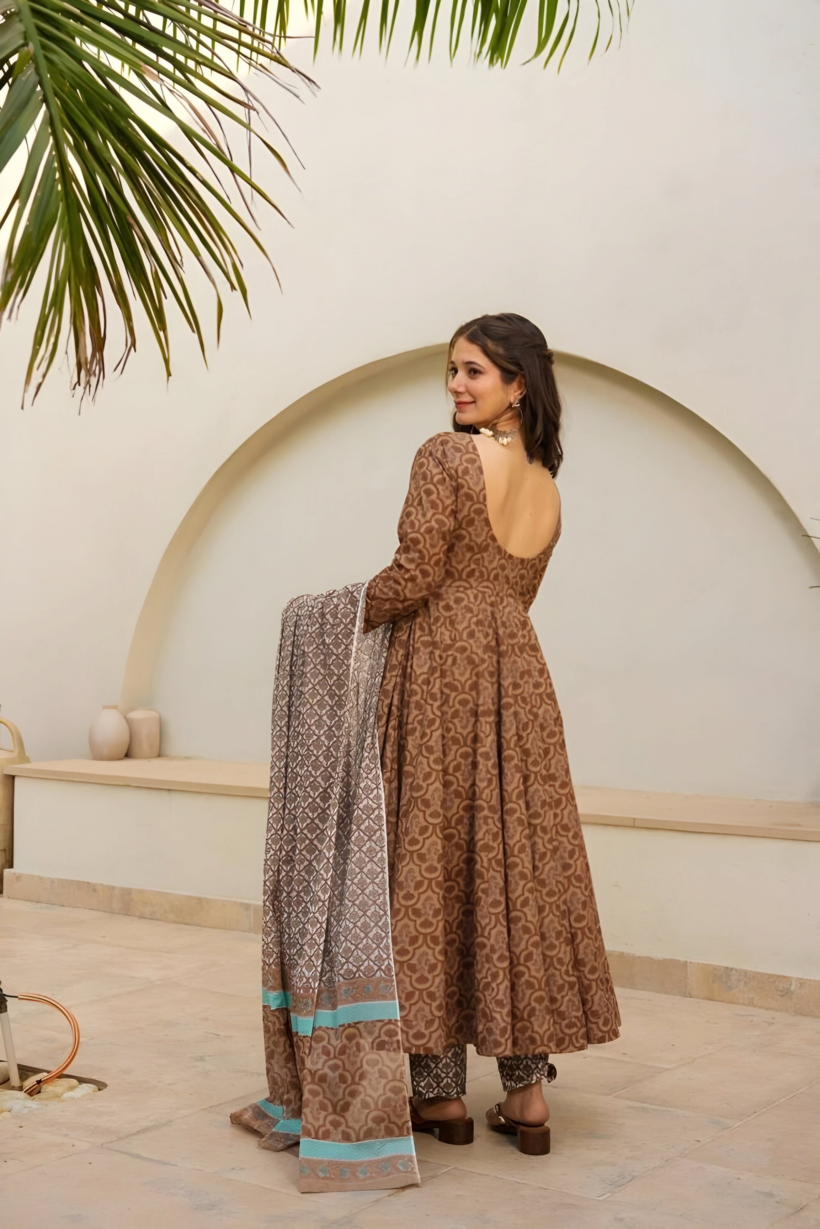 Women's Brown Muslin Digital Print Anarkali Kurta Pant With Dupatta
