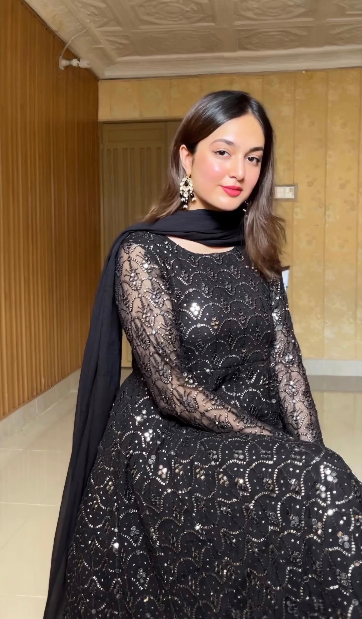 Women's Black Faux Georgette Embroidered Anarkali Kurta Sharara With Dupatta-MED3-TD-6051-BLACK