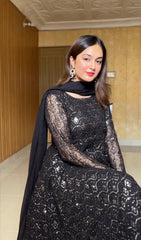 Women's Black Faux Georgette Embroidered Anarkali Kurta Sharara With Dupatta-MED3-TD-6051-BLACK