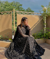 Women's Black Faux Georgette Embroidered Anarkali Kurta Sharara With Dupatta-MED3-TD-6051-BLACK