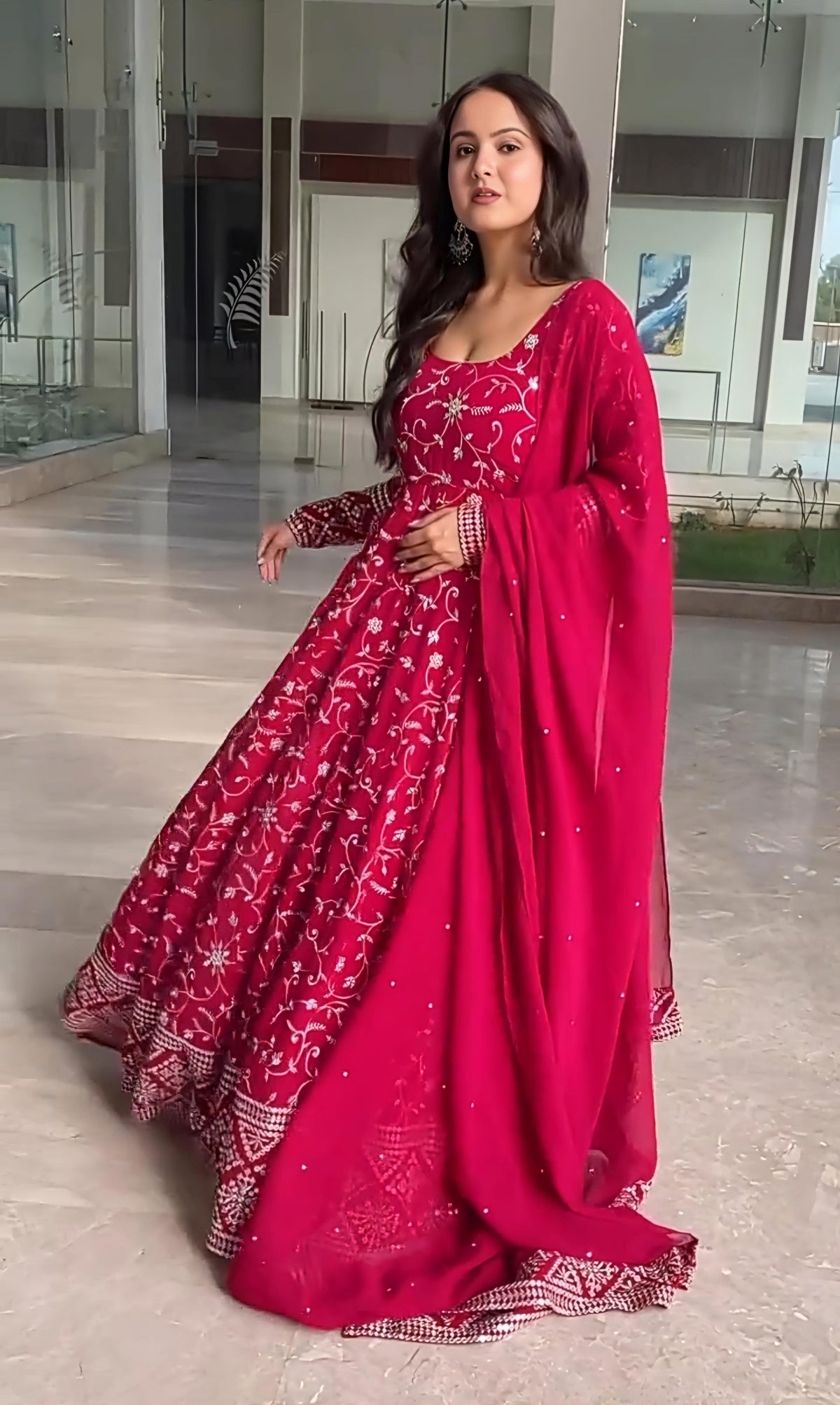 Women's Pink Faux Georgette Embroidered Anarkali Kurta Pant With Dupatta-MED3-TD-6052-PINK