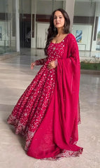 Women's Pink Faux Georgette Embroidered Anarkali Kurta Pant With Dupatta-MED3-TD-6052-PINK