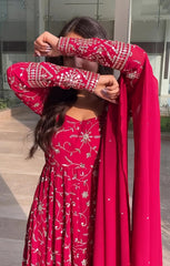 Women's Pink Faux Georgette Embroidered Anarkali Kurta Pant With Dupatta-MED3-TD-6052-PINK