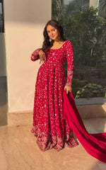 Women's Pink Faux Georgette Embroidered Anarkali Kurta Pant With Dupatta-MED3-TD-6052-PINK
