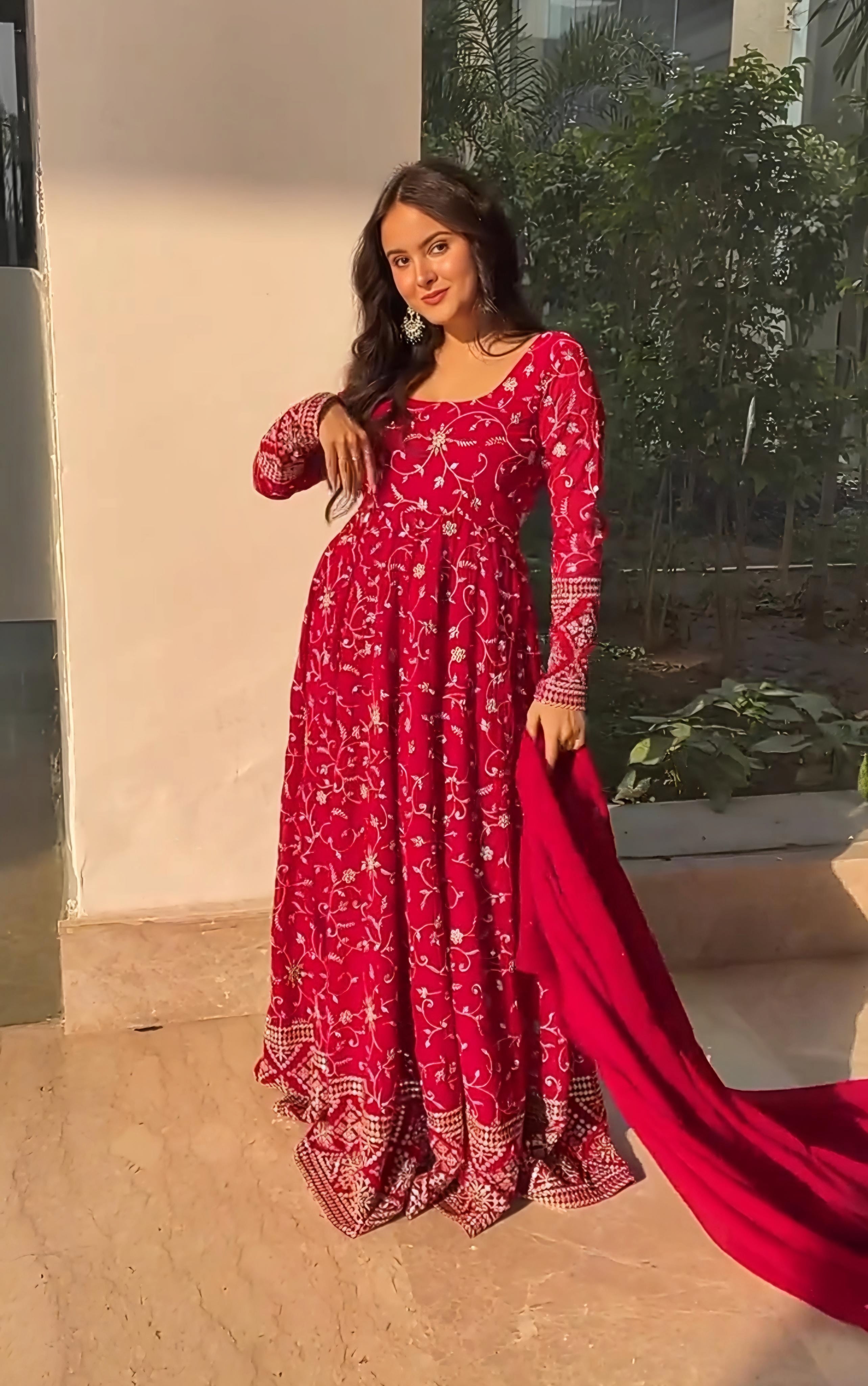 Women's Pink Faux Georgette Embroidered Anarkali Kurta Pant With Dupatta