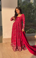 Women's Pink Faux Georgette Embroidered Anarkali Kurta Pant With Dupatta-MED3-TD-6052-PINK