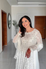 Women's White Faux Georgette Embroidered Anarkali Kurta Plazzo With Dupatta-MED3-TD-6053-WHITE