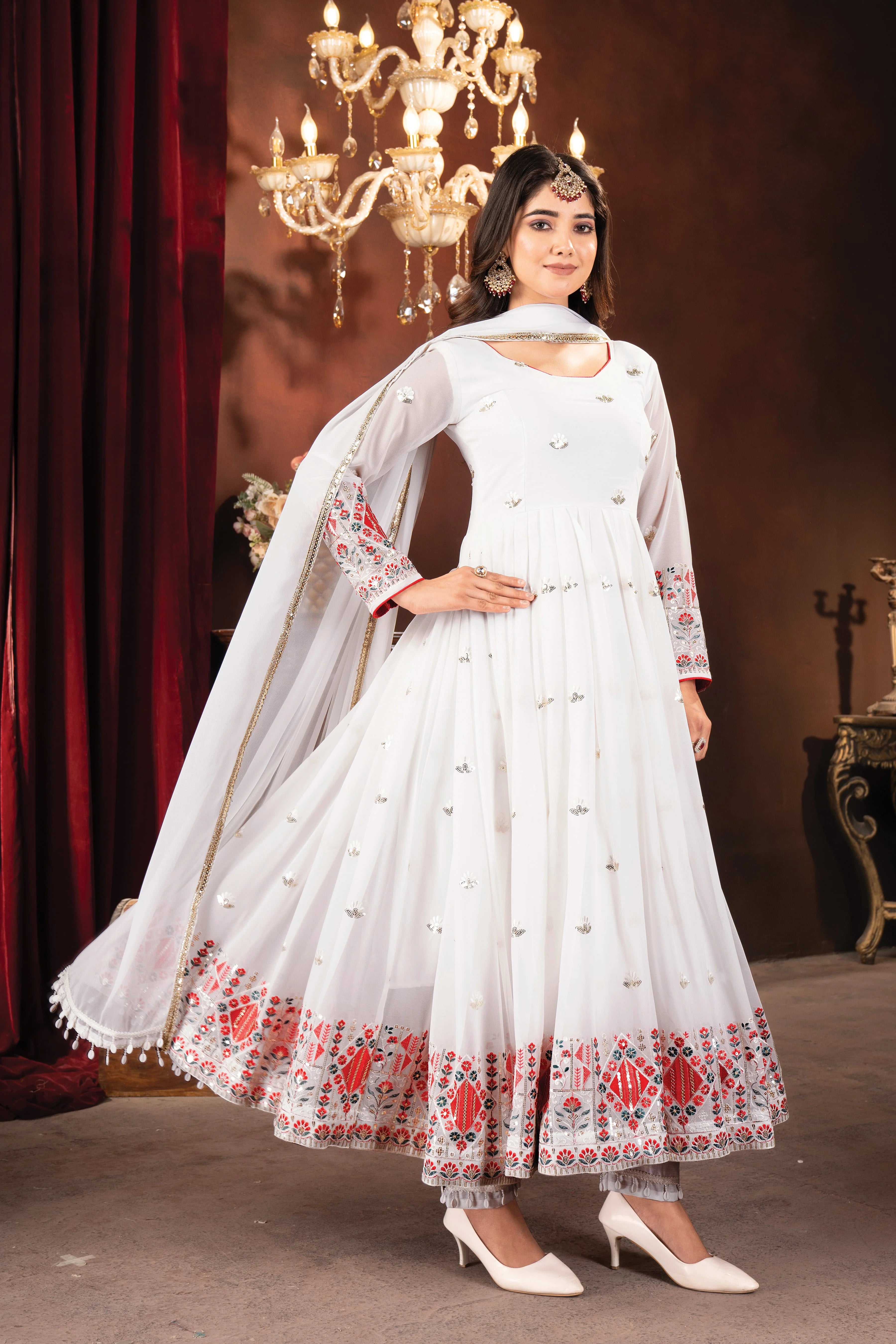 Women's White Faux Georgette Embroidered Anarkali Kurta Pant With Dupatta