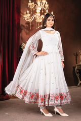 Women's White Faux Georgette Embroidered Anarkali Kurta Pant With Dupatta-MED3-TD-6056-WHITE