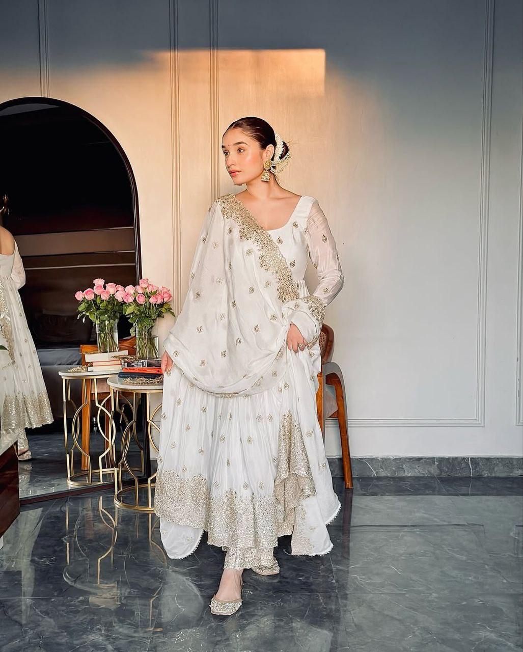 Women's White Faux Georgette Embroidered Anarkali Kurta Pant With Dupatta-MED3-TD-6057-WHITE