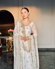 Women's White Faux Georgette Embroidered Anarkali Kurta Pant With Dupatta-MED3-TD-6057-WHITE