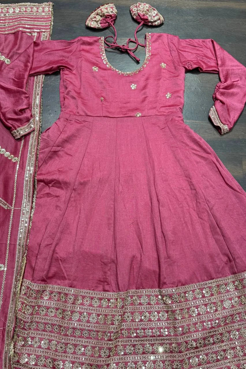Women's Pink Chinon Silk Sequence Anarkali Kurta Pant With Dupatta