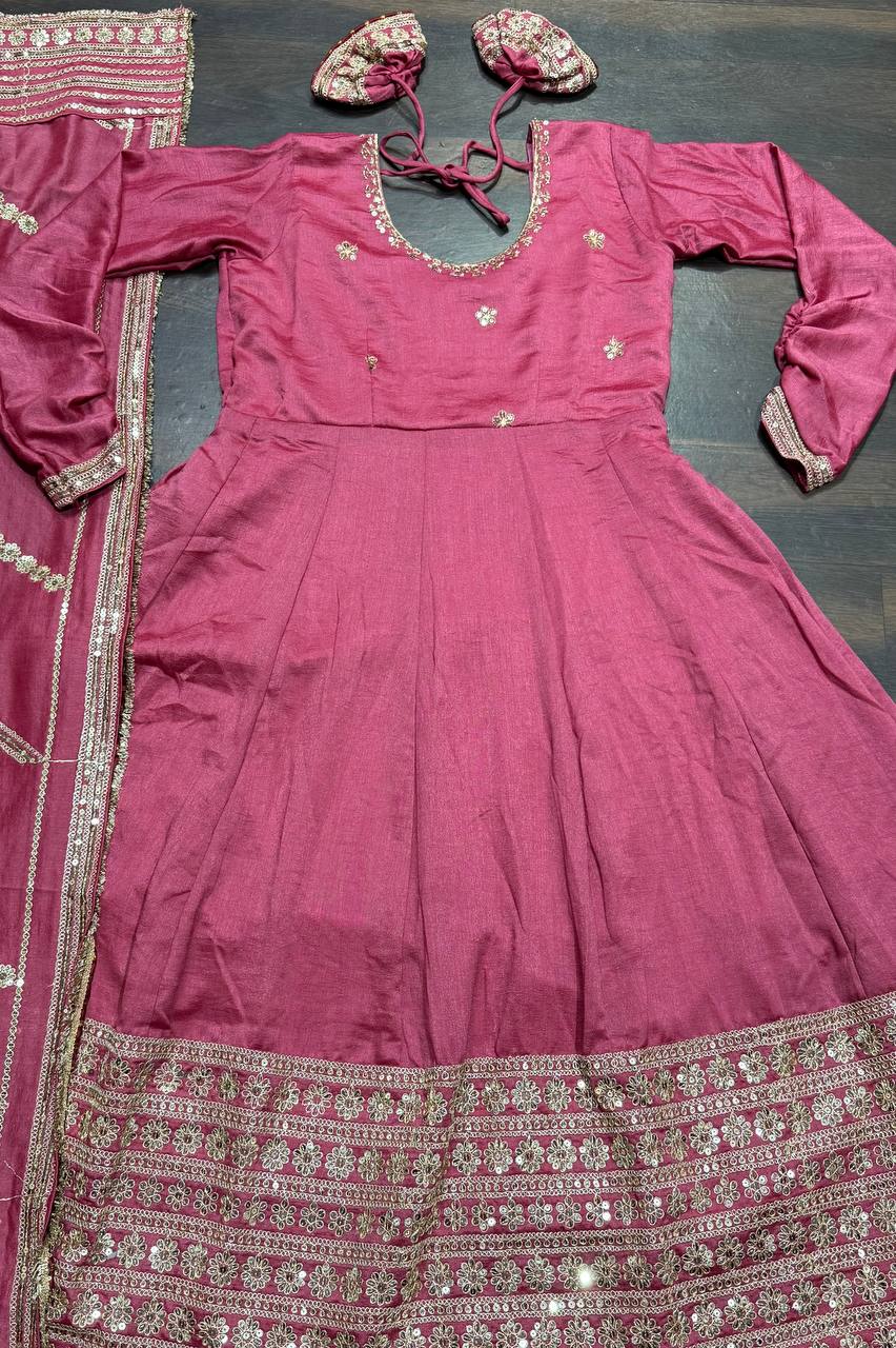 Women's Pink Chinon Silk Sequence Anarkali Kurta Pant With Dupatta