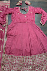 Women's Pink Chinon Silk Sequence Anarkali Kurta Pant With Dupatta-MED3-TD-6058-PINK