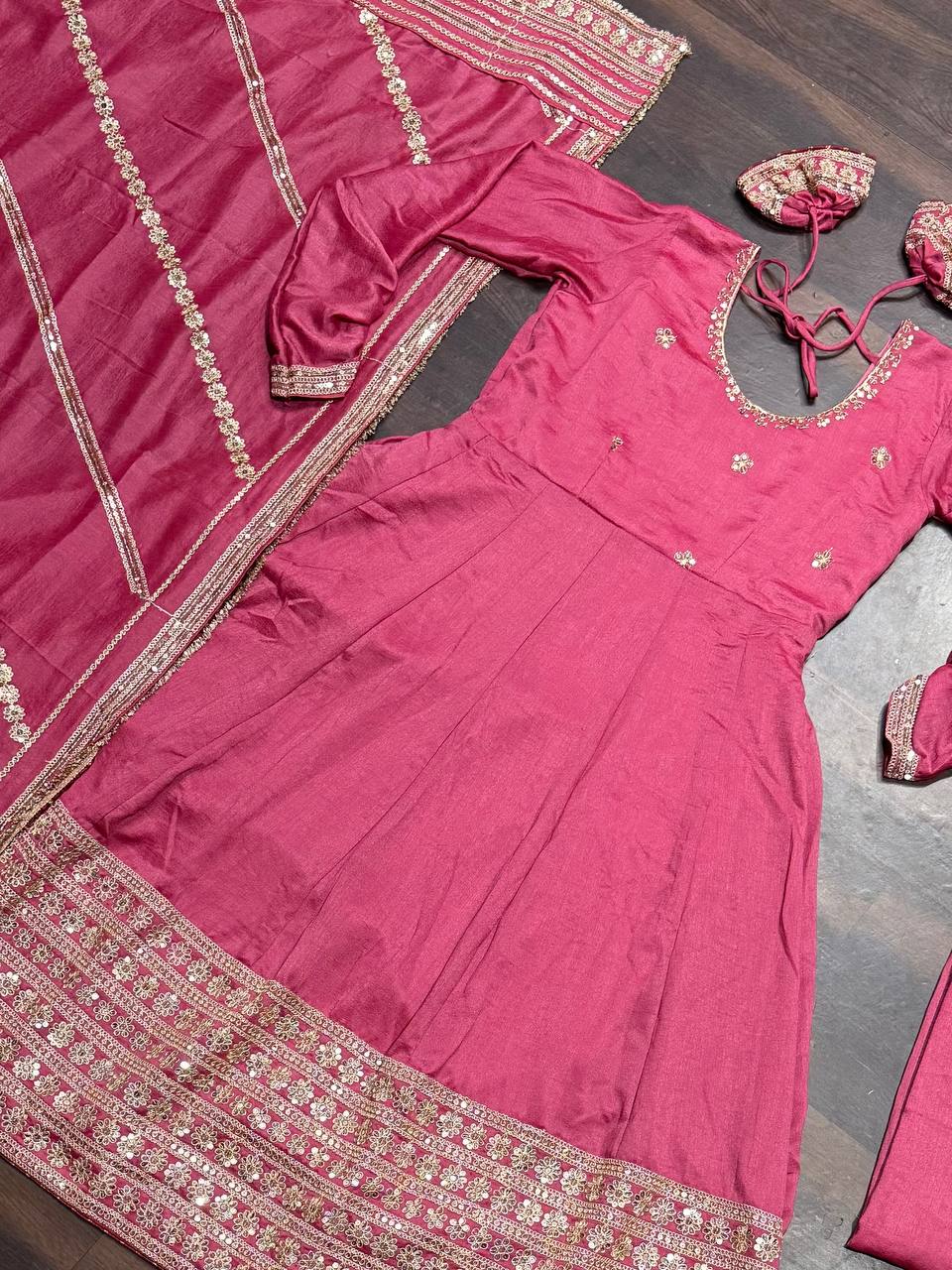 Women's Pink Chinon Silk Sequence Anarkali Kurta Pant With Dupatta