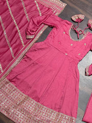 Women's Pink Chinon Silk Sequence Anarkali Kurta Pant With Dupatta-MED3-TD-6058-PINK