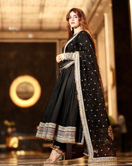 Women's Black Rayon Cotton Embroidered Anarkali Kurta Pant With Dupatta-MED3-TD-6059-BLACK