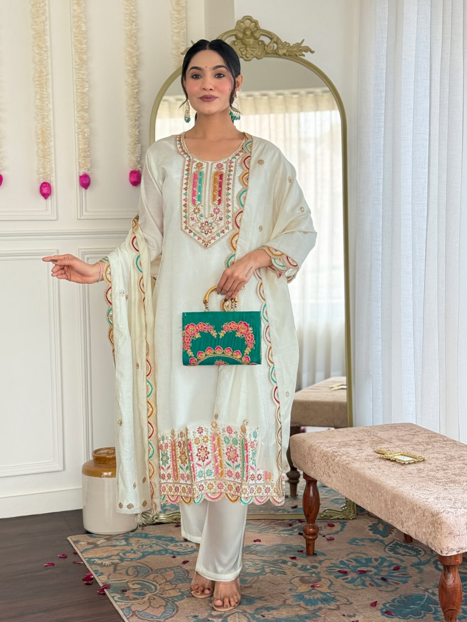 Women's White Viscose Chanderi Embroidered Straight Kurta Pant With Dupatta