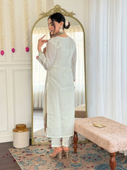 Women's White Viscose Chanderi Embroidered Straight Kurta Pant With Dupatta-MDC-ANAMIKA-WHITE