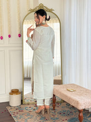 Women's White Viscose Chanderi Embroidered Straight Kurta Pant With Dupatta-MDC-ANAMIKA-WHITE