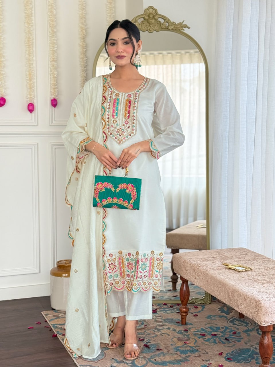 Women's White Viscose Chanderi Embroidered Straight Kurta Pant With Dupatta