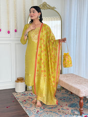 Women's Yellow Viscose Chanderi Embroidered Straight Kurta Pant With Dupatta-MDC-CAMILA-YELLOW