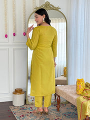 Women's Yellow Viscose Chanderi Embroidered Straight Kurta Pant With Dupatta-MDC-CAMILA-YELLOW