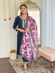 Women's Petrol Viscose Slub Embroidered Straight Kurta Pant With Dupatta-MDC-D114 PETROL