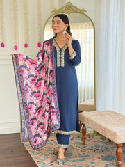 Women's Petrol Viscose Slub Embroidered Straight Kurta Pant With Dupatta-MDC-D114 PETROL