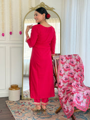 Women's Rani Viscose Slub Embroidered Straight Kurta Pant With Dupatta-MDC-D114 RANI