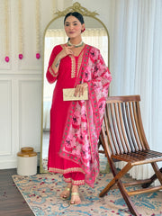 Women's Rani Viscose Slub Embroidered Straight Kurta Pant With Dupatta-MDC-D114 RANI