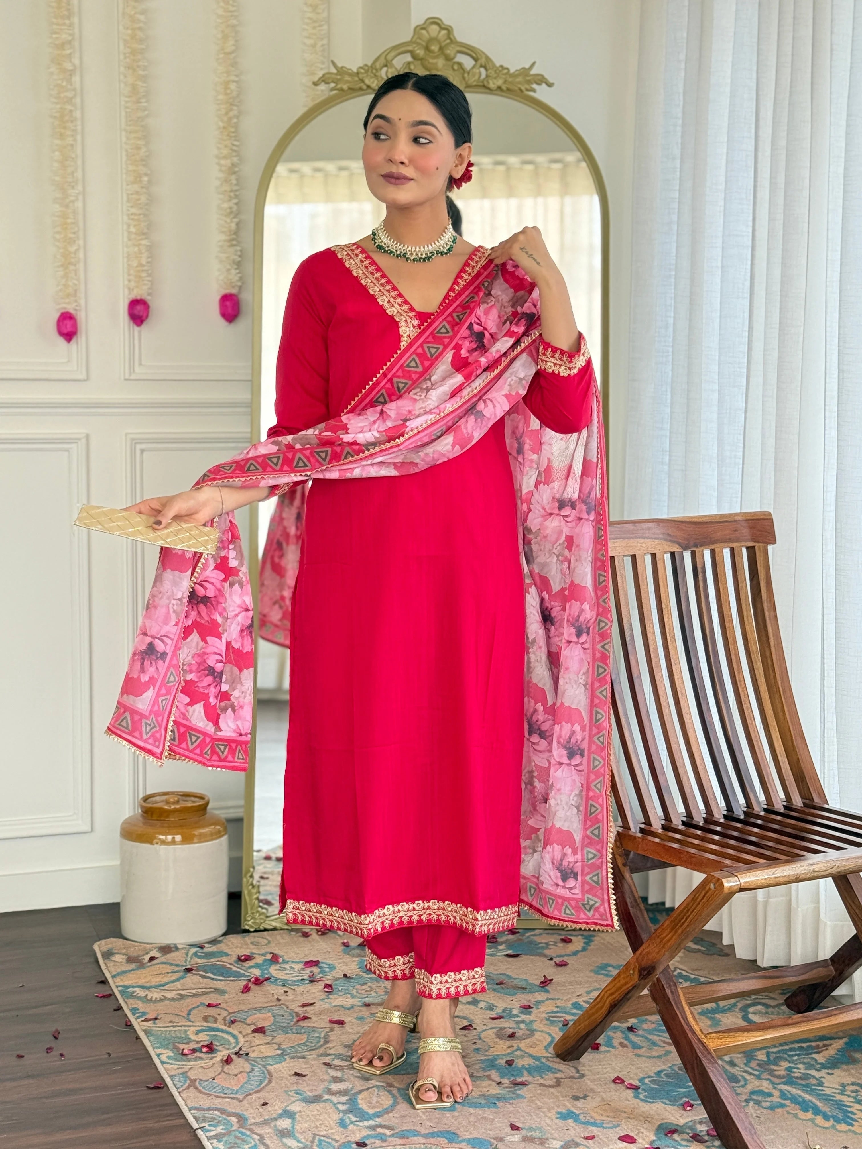 Women's Rani Viscose Slub Embroidered Straight Kurta Pant With Dupatta