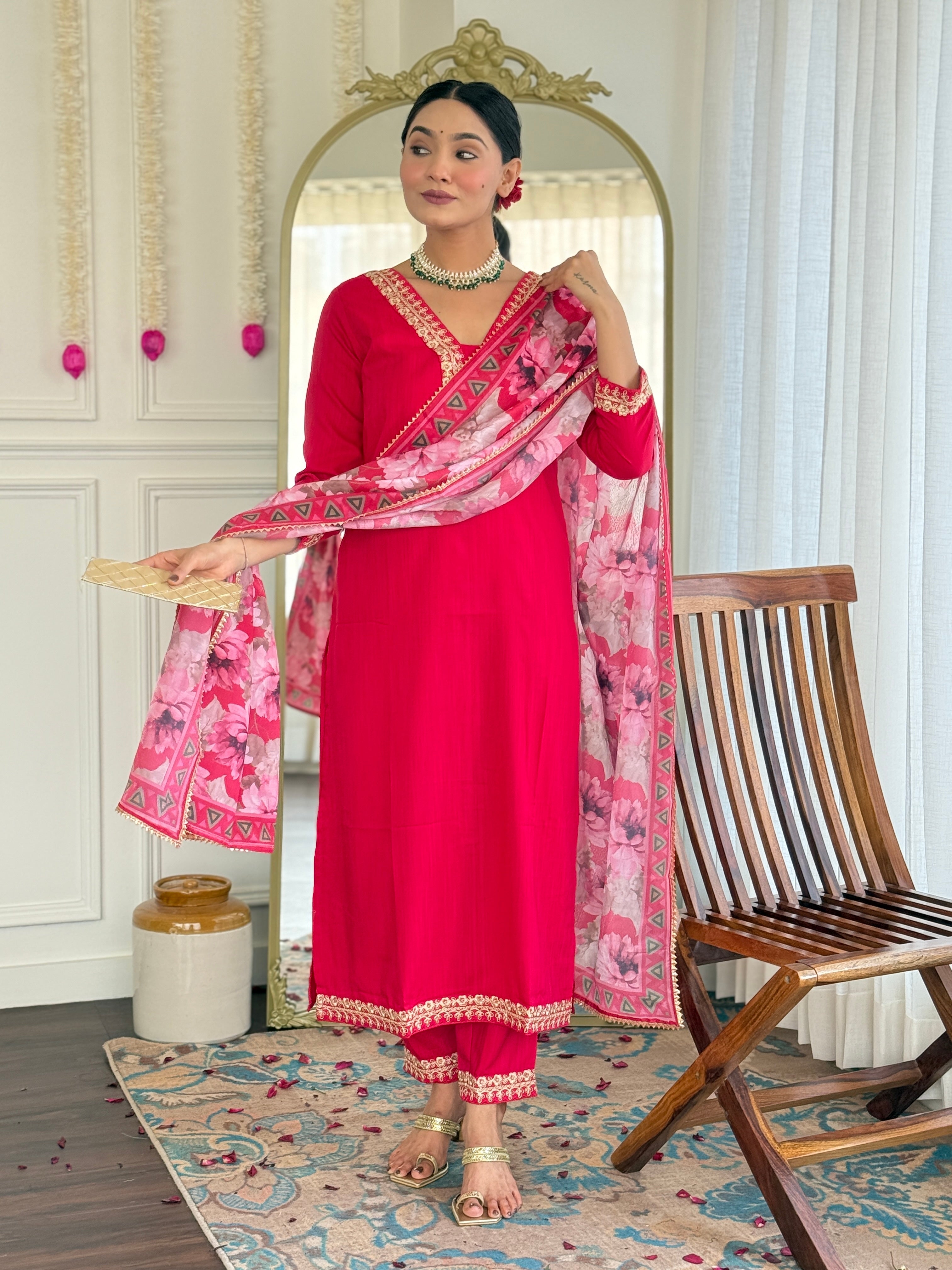 Women's Rani Viscose Slub Embroidered Straight Kurta Pant With Dupatta
