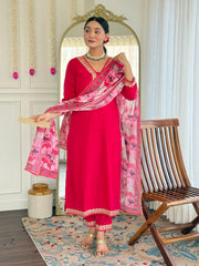 Women's Rani Viscose Slub Embroidered Straight Kurta Pant With Dupatta-MDC-D114 RANI