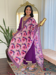 Women's Wine Viscose Slub Embroidered Straight Kurta Pant With Dupatta-MDC-D114 WINE