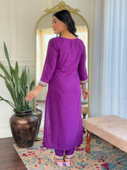 Women's Wine Viscose Slub Embroidered Straight Kurta Pant With Dupatta-MDC-D114 WINE