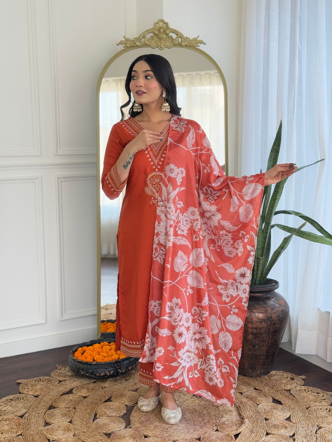 Women's Orange Viscose Rayon Embroidered Straight Kurta Pant With Dupatta-MDC-D117 ORANGE